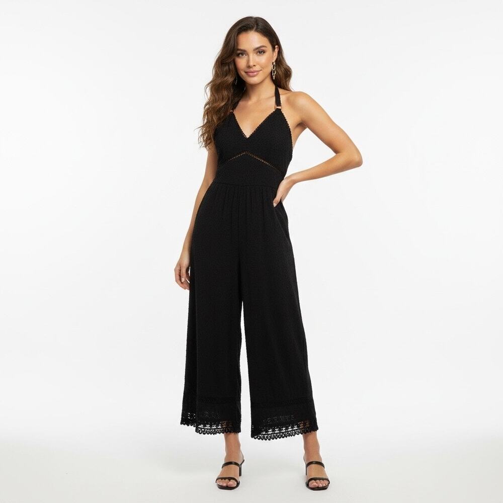 Zara Black Halter Wide Leg Textured Jumpsuit Small Resort Vacation Glam Brunch